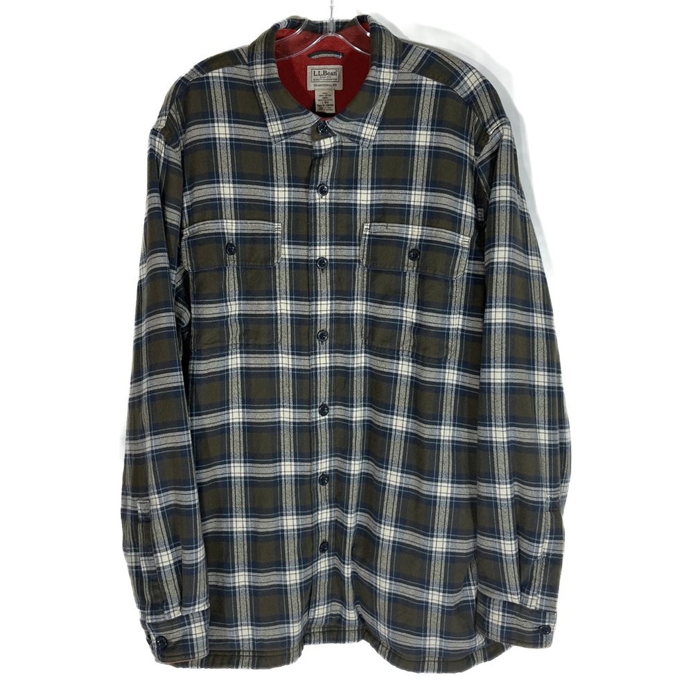 L.L. Bean Flannel Fleece Lined Shirt Shacket Mens Large Green Blue Plaid Jacket